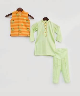 Green Kurta Pant With Orange Stripe Print Jacket 2