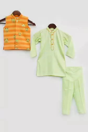 Green Kurta Pant With Orange Stripe Print Jacket