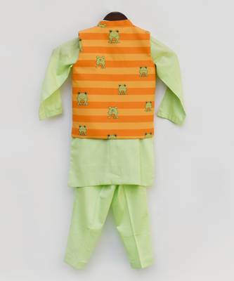 Green Kurta Pant With Orange Stripe Print Jacket 3