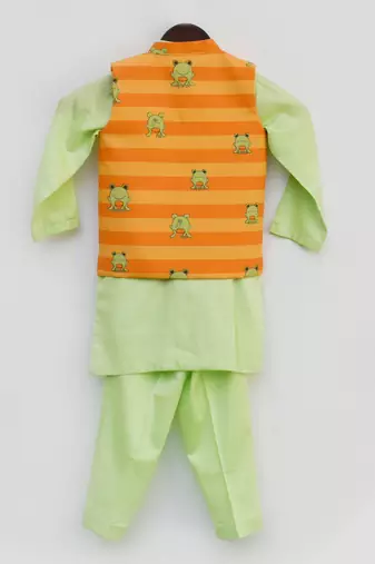 Green Kurta Pant With Orange Stripe Print Jacket