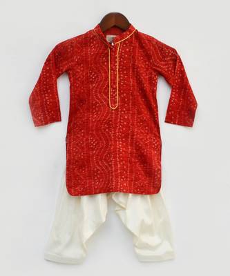 Red Bandhej Kurta And Off White Salwar For Boys 1