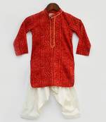 Red Bandhej Kurta And Off White Salwar For Boys