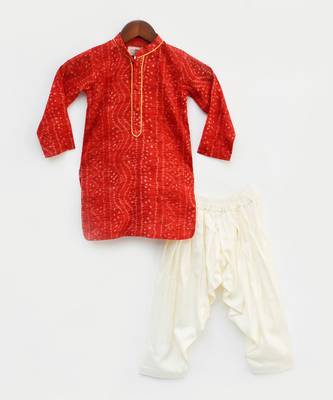 Red Bandhej Kurta And Off White Salwar For Boys 2