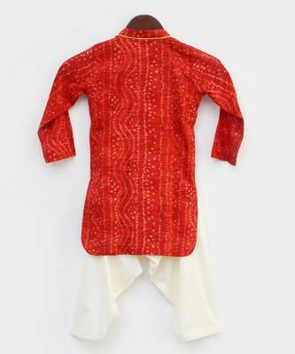 Red Bandhej Kurta And Off White Salwar For Boys 3