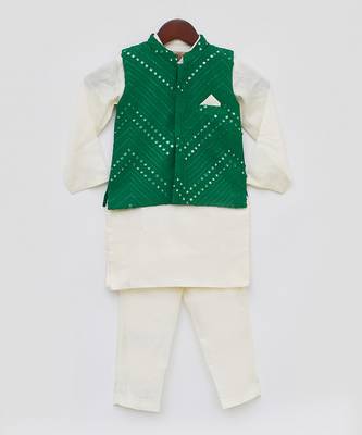 Green Embroidery Nehru Jacket Off White Kurta Pant for Boys 1