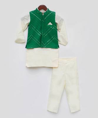 Green Embroidery Nehru Jacket Off White Kurta Pant for Boys 2