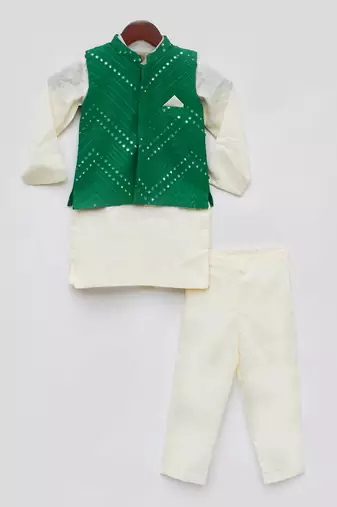 Green Embroidery Nehru Jacket Off White Kurta Pant for Boys