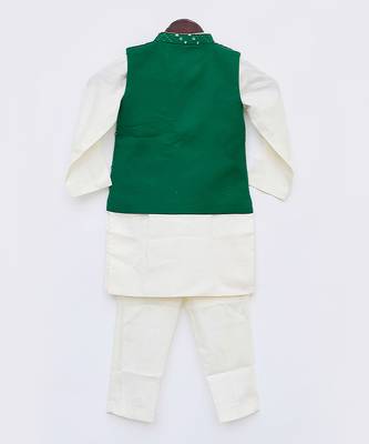 Green Embroidery Nehru Jacket Off White Kurta Pant for Boys 3