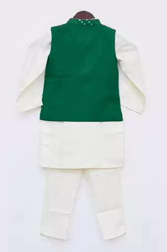 Green Embroidery Nehru Jacket Off White Kurta Pant for Boys
