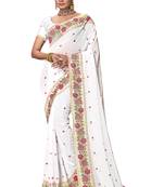 White heavy resham cross stitch embroidery work georgette party wear with blouse