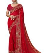 Red heavy resham cross stitch embroidery work georgette party wear with blouse