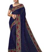 Navy blue heavy resham cross stitch embroidery work georgette party wear with blouse