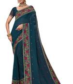 Teal blue heavy resham cross stitch embroidery work georgette party wear with blouse