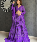 Classy Purple Sequins Embroidery Work Georgette Wedding Party Wear Lehenga Choli For Women