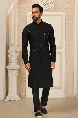 Black kurta pajama set wedding party wear nehru jacket set 1