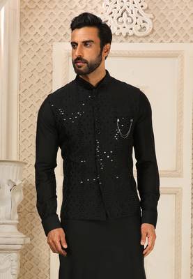 Black kurta pajama set wedding party wear nehru jacket set 2