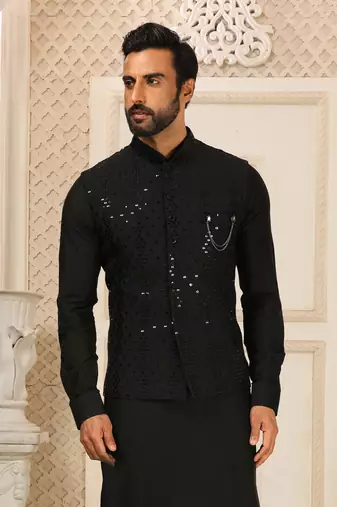 Black kurta pajama set wedding party wear nehru jacket set