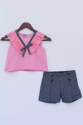  Pink Top With Black Checked Printed Shorts