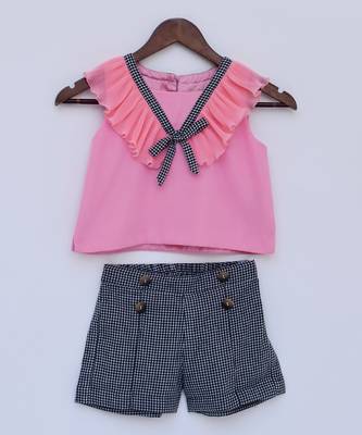  Pink Top With Black Checked Printed Shorts 1