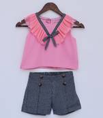  Pink Top With Black Checked Printed Shorts