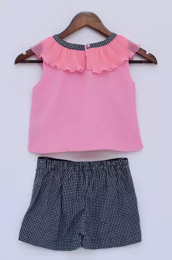  Pink Top With Black Checked Printed Shorts