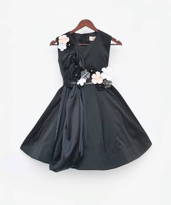 Black Taffeta Silk Dress With 3D Flowers 1
