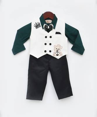 Green Shirt Off white Waist Coat Pant for Boys 1