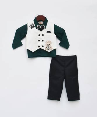 Green Shirt Off white Waist Coat Pant for Boys 2