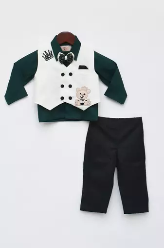 Green Shirt Off white Waist Coat Pant for Boys
