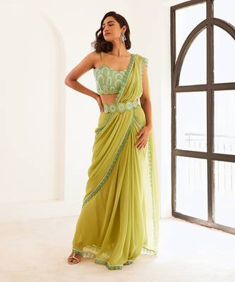 Green pre draped saree set with belt 1