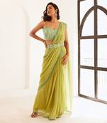 Green pre draped saree set with belt