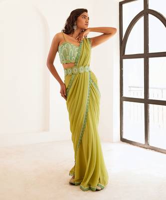 Green pre draped saree set with belt 2