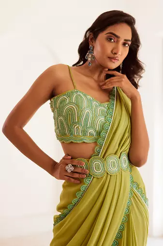 Green pre draped saree set with belt
