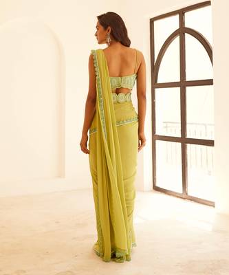 Green pre draped saree set with belt 4