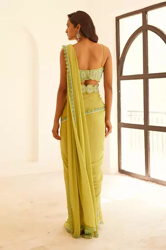 Green pre draped saree set with belt