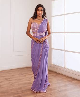 Lavender pre draped saree with belt 1