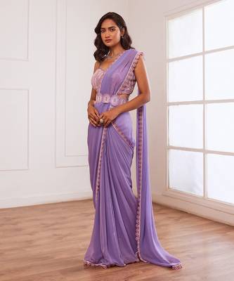 Lavender pre draped saree with belt 2