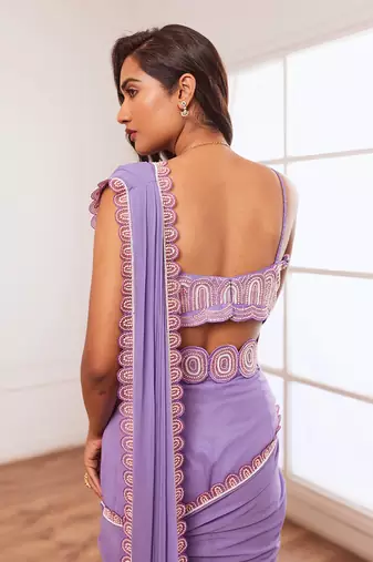 Lavender pre draped saree with belt