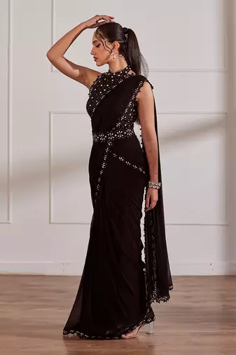 Black predraped saree set with belt