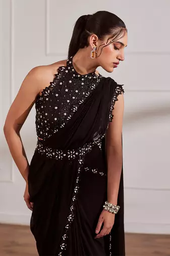 Black predraped saree set with belt