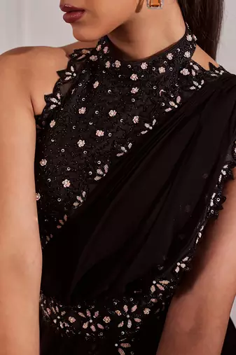 Black predraped saree set with belt