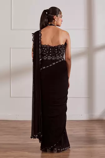 Black predraped saree set with belt