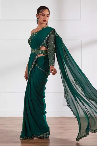 Bottle green pre draped saree and belt