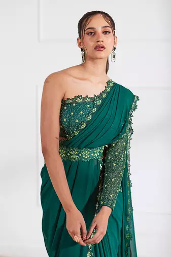 Bottle green pre draped saree and belt