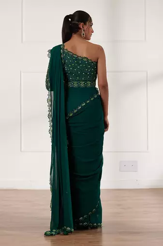 Bottle green pre draped saree and belt