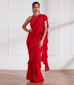 Red predraped frill saree set