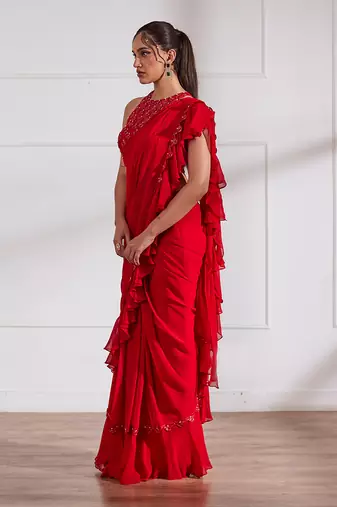 Red predraped frill saree set