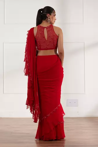 Red predraped frill saree set