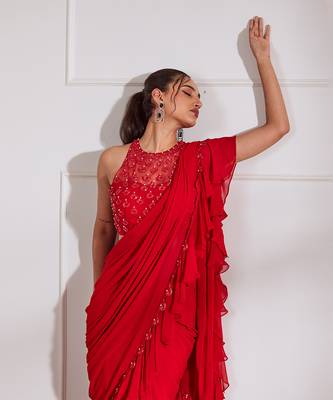 Red predraped frill saree set 4