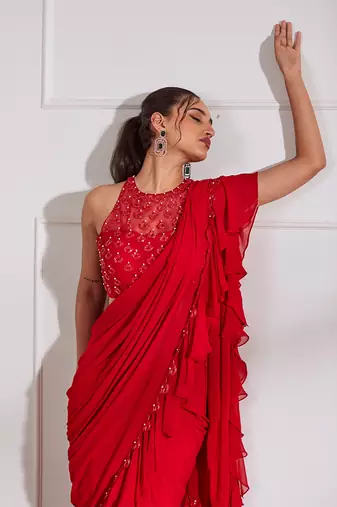 Red predraped frill saree set